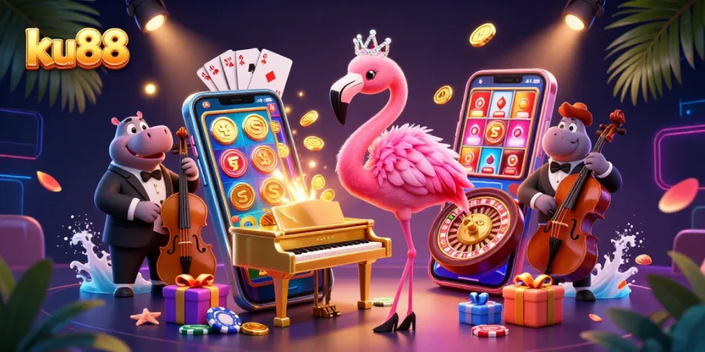 Engage with ku88's vibrant casino scene featuring a flamingo singer and hippo bassist.