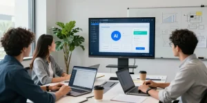 Team collaborating to build internal tools with AI in a modern office.