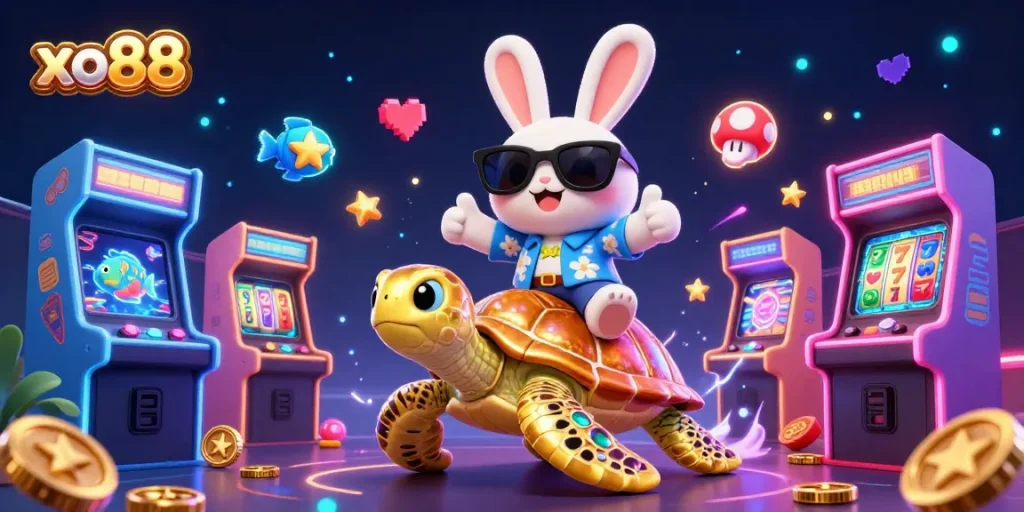 Experience the excitement with xo88's engaging 3D casino illustration featuring a lucky rabbit and golden turtle.