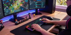 A gamer customizing a Hall Effect keyboard with magnetic switches and vibrant keycaps in a lit tech workspace.