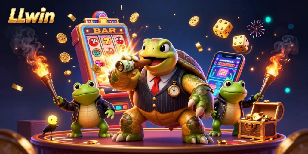 Experience LLwin excitement with a rich casino scene featuring a snapping turtle in mobster attire amidst vibrant gambling elements.