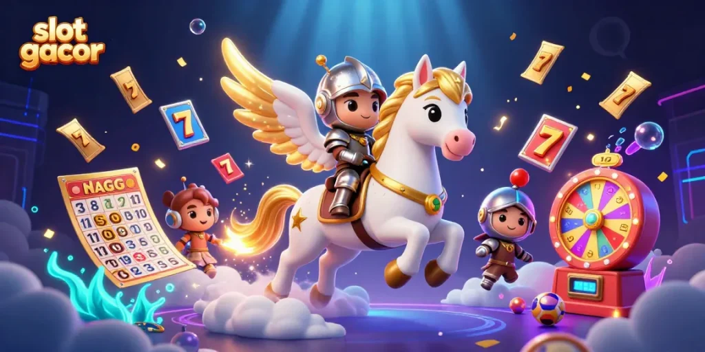 Experience the thrill of slot gacor with vibrant elements including a celestial horse and jackpot features.