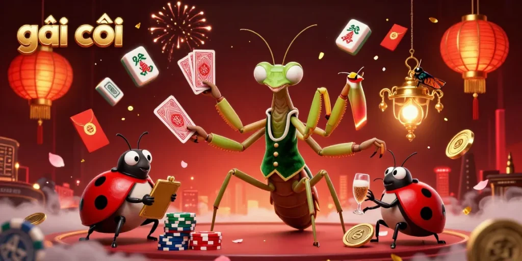 gái gọi showcases a vibrant casino scene with a praying mantis card sharp and lively game elements