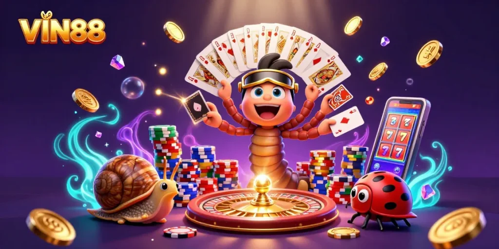 Engaging 3D illustration of VIN88 with a cartoon millipede dealer and vibrant casino elements.