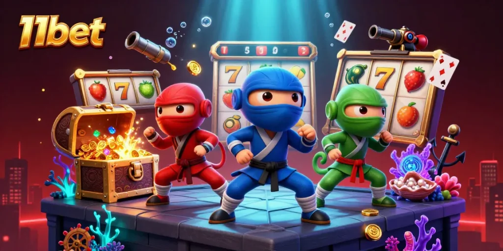 Experience 11bet with chameleon ninjas showcasing thrilling slot gaming in an energetic casino scene.