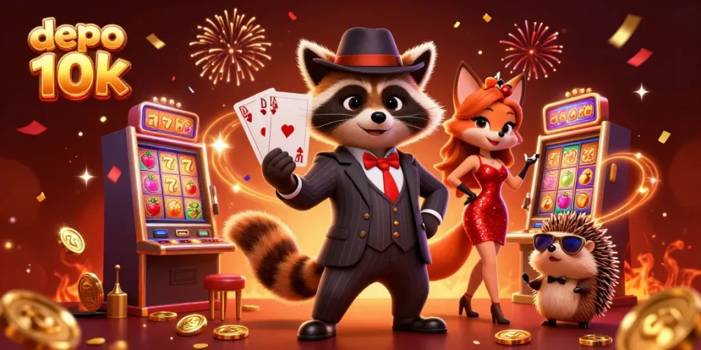 Experience thrilling jackpots with depo 10k at a vibrant casino atmosphere, filled with playful characters and exciting slots.