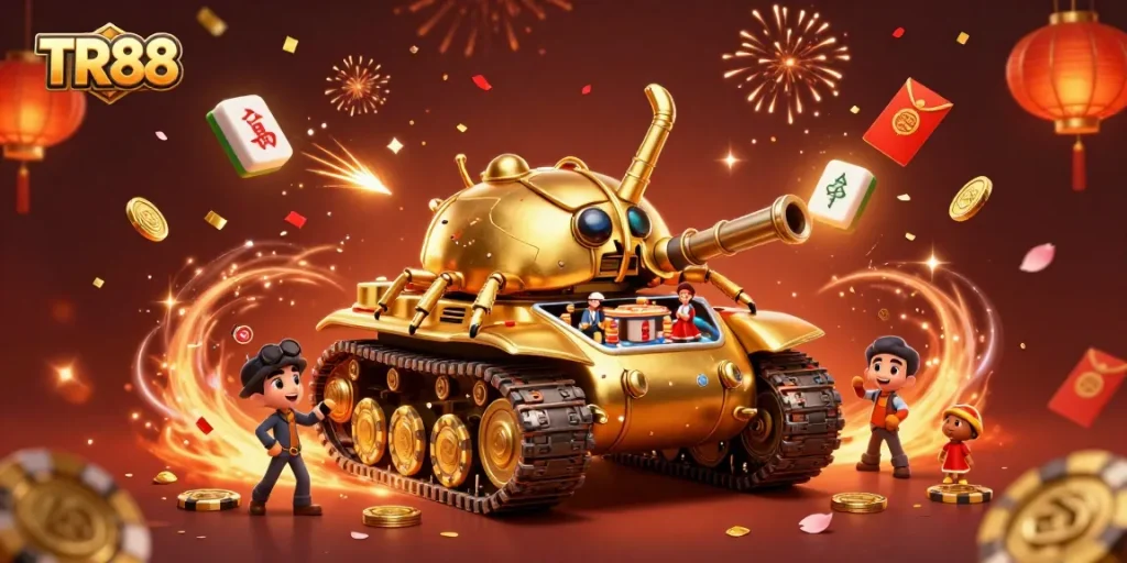 TR88 offers a vibrant casino scene with a golden beetle tank and festive game elements.