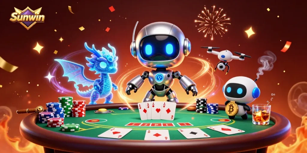 Experience the thrill of winning with Sunwin's vibrant 3D casino scene featuring robots and poker action.