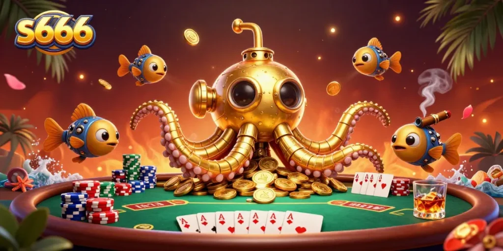 S666 offers a rich experience with a golden kraken submarine amid vibrant poker elements, capturing the excitement of online gambling.