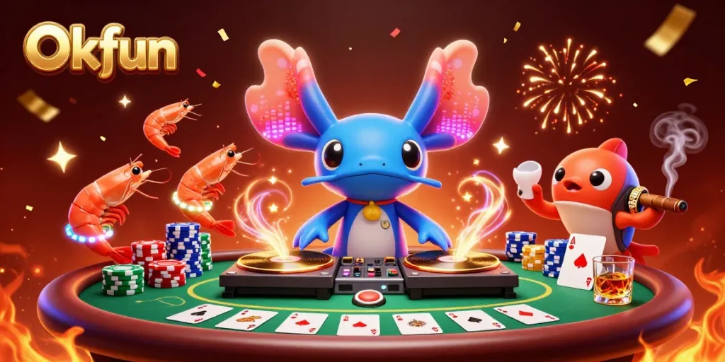 Join the fun at Okfun with our vibrant casino-themed illustration showcasing lively characters and gaming elements.