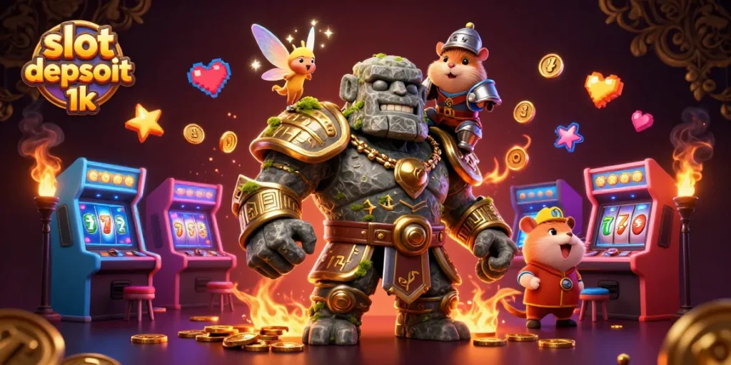 Experience the thrills of slot depsoit 1k with vibrant characters and casino gaming icons in this dynamic illustration.