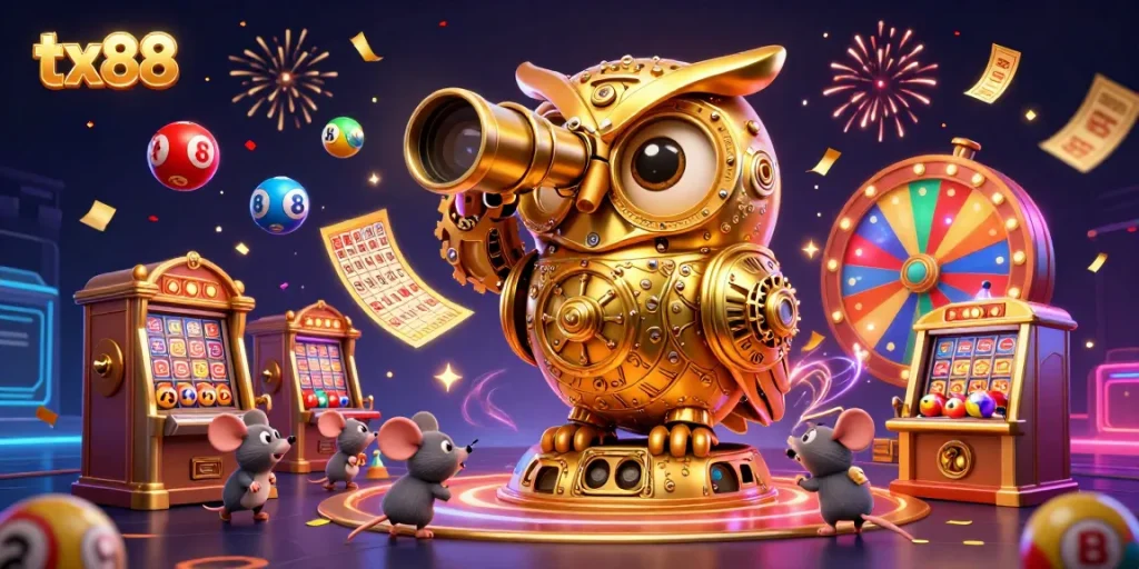 Experience gaming excitement at tx88 with a vibrant 3D casino scene featuring an owl and lucky charms.
