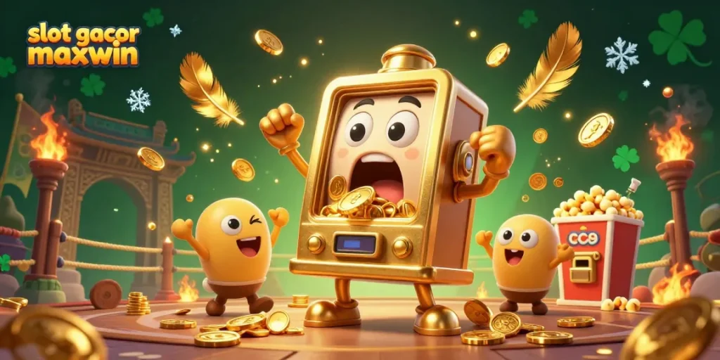 Experience the thrill of slot gacor maxwin as golden slot machines celebrate jackpots in a vibrant casino scene.