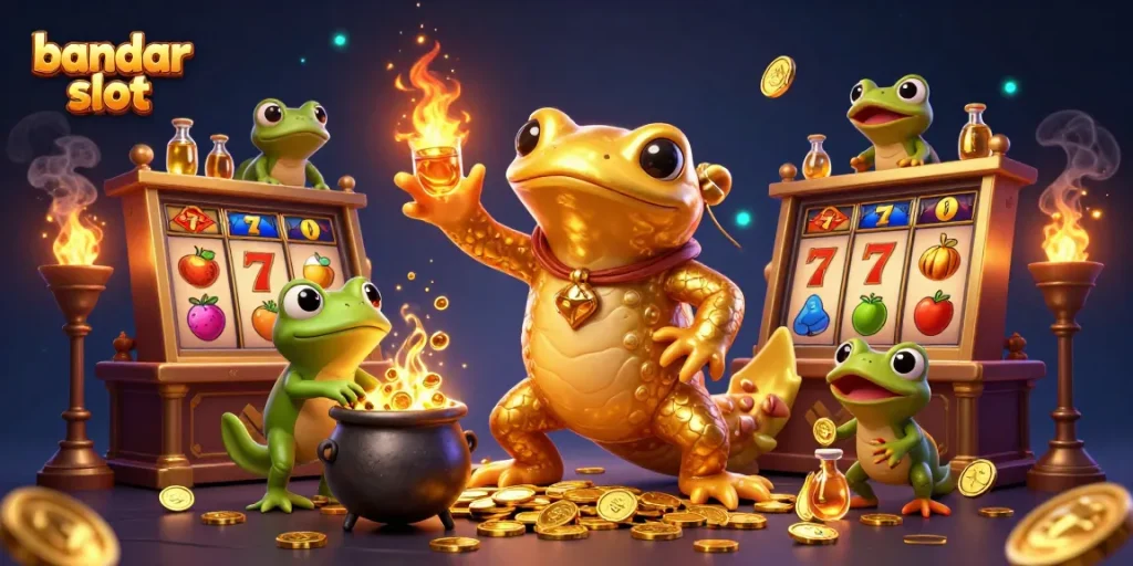 Spin the reels at bandar slot in a magical casino, featuring golden salamander and frogs crafting treasures.